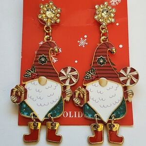 Rhinestone Dangle Red Green Christmas Holiday Gnome Earrings